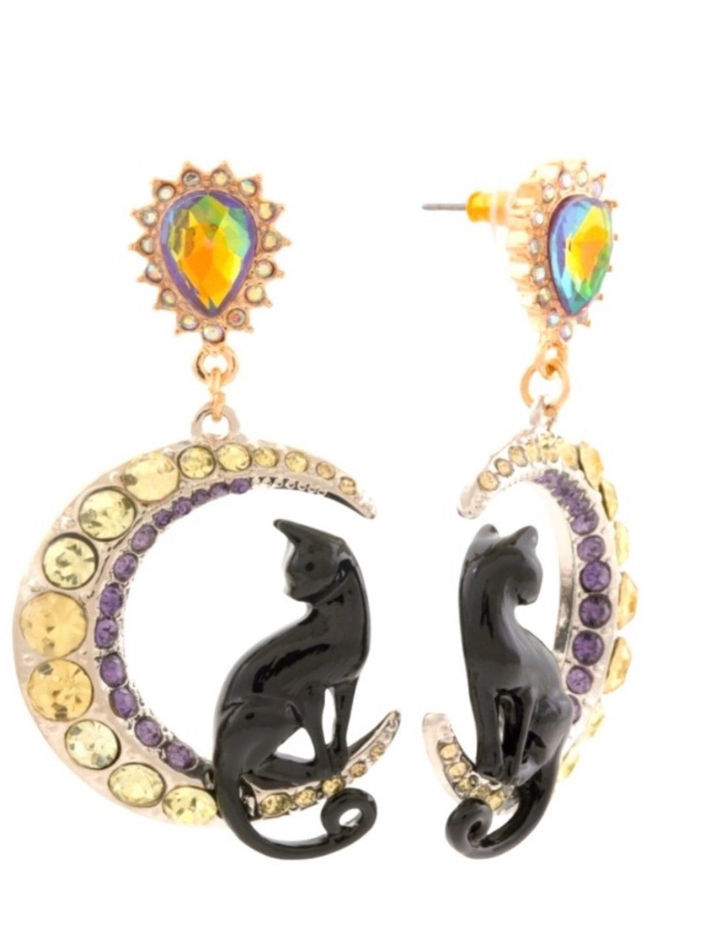 Betsey Johnson Black Cat Crescent Moon Drop Earrings - Multicolor